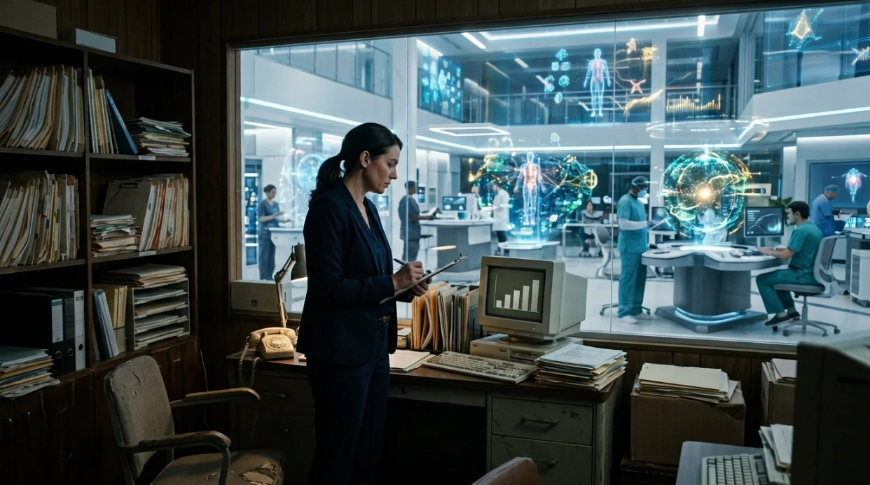 A medical affairs lead recording figures on a clipboard beside a legacy desktop chart, with an AI-driven scientific data lab visible through the window behind her