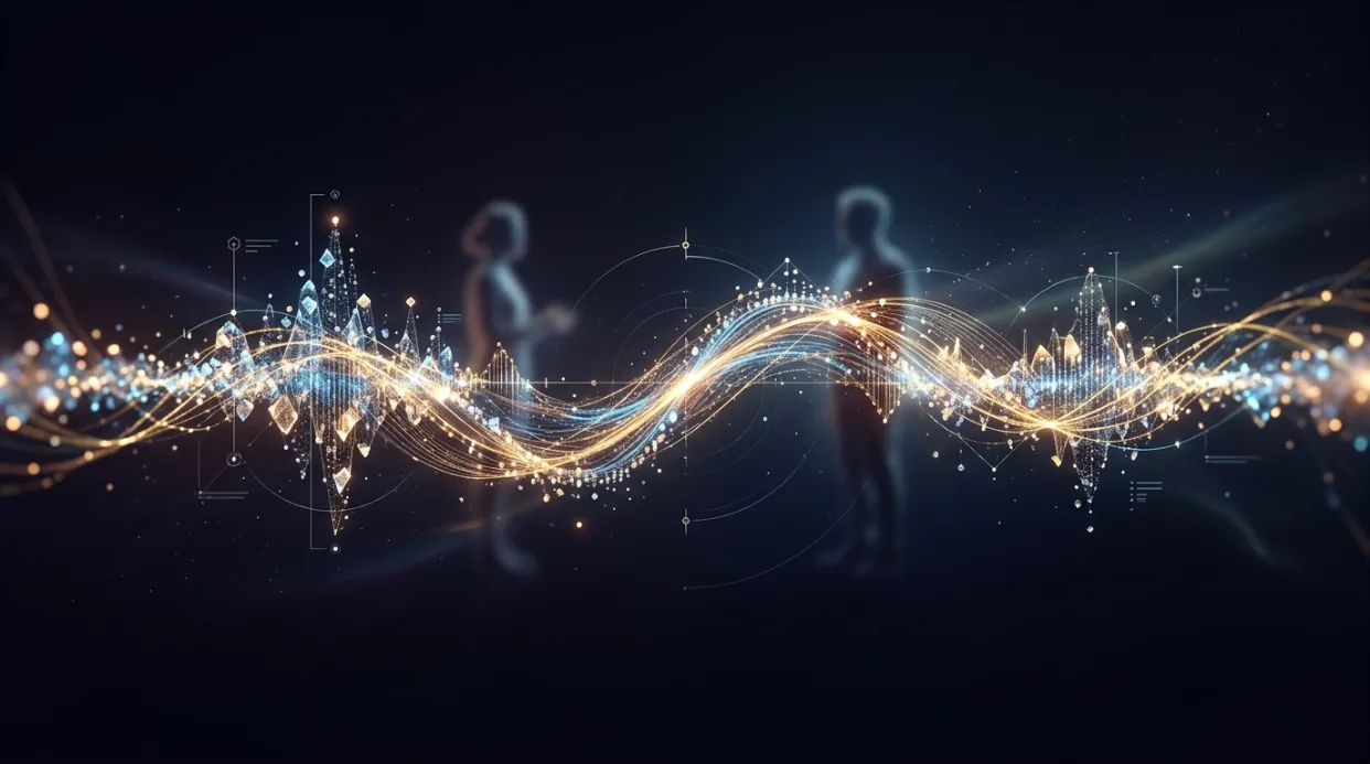 A luminous data waveform running between two faint human figures — the conversation itself, rather than either person in it