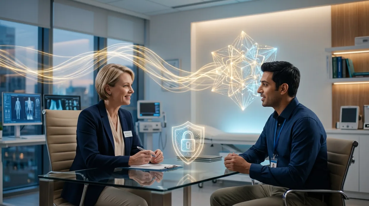 A scientific conversation across a consulting-room table, its content flowing into a structured form behind a glowing padlock shield