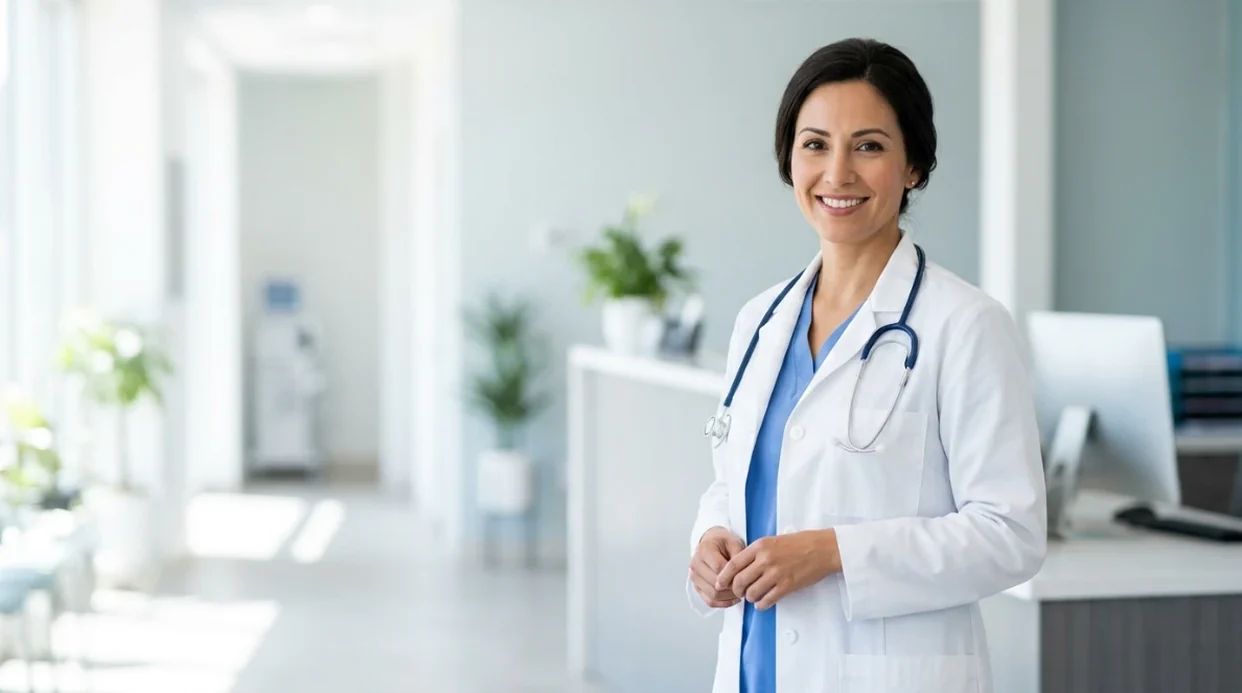 A smiling medical science liaison in a white coat with a stethoscope, standing in a bright clinic