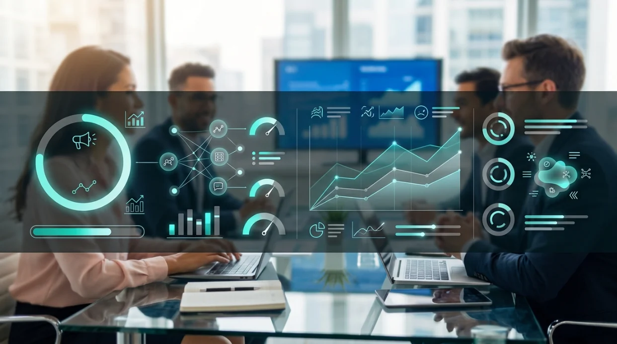 A team meeting with scientific-engagement dashboards and coverage metrics overlaid