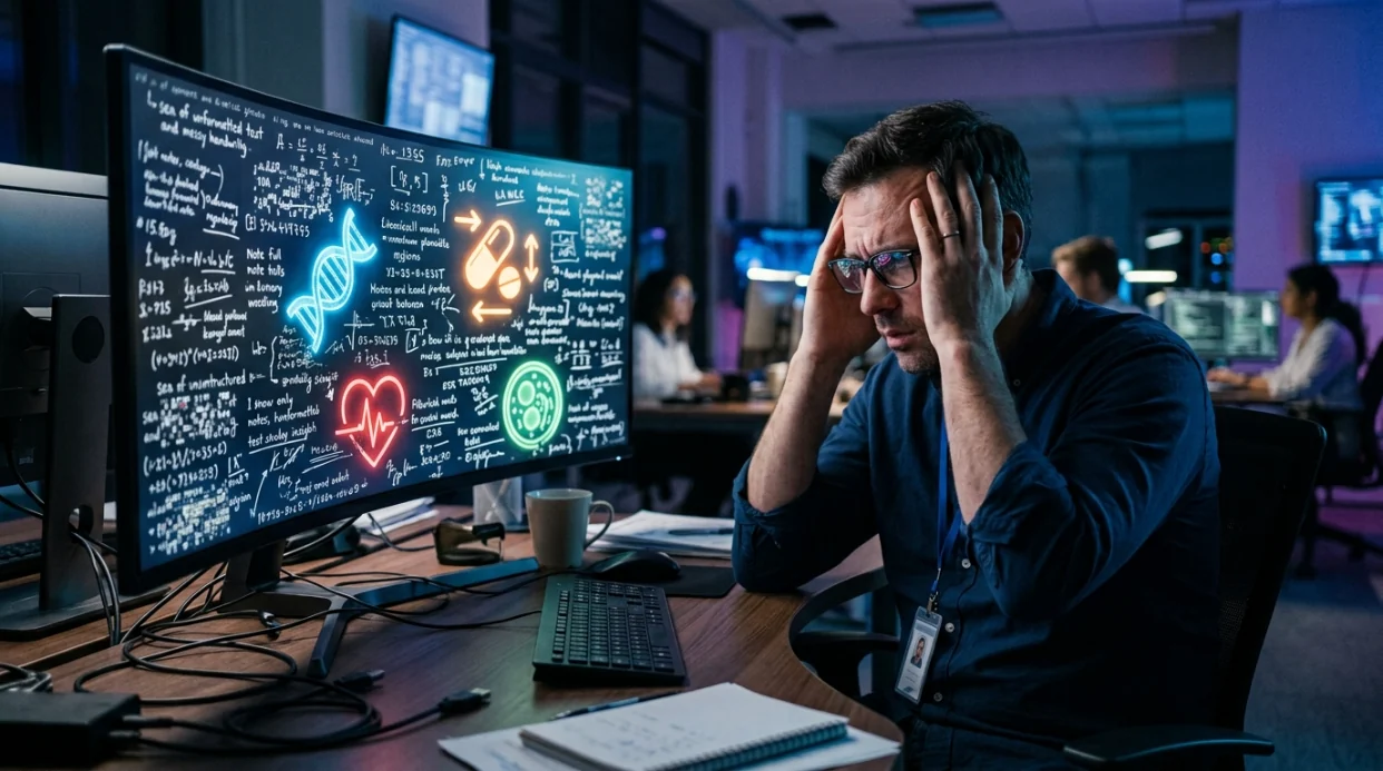 A scientist reviewing a holographic display of human anatomy and data before an interaction