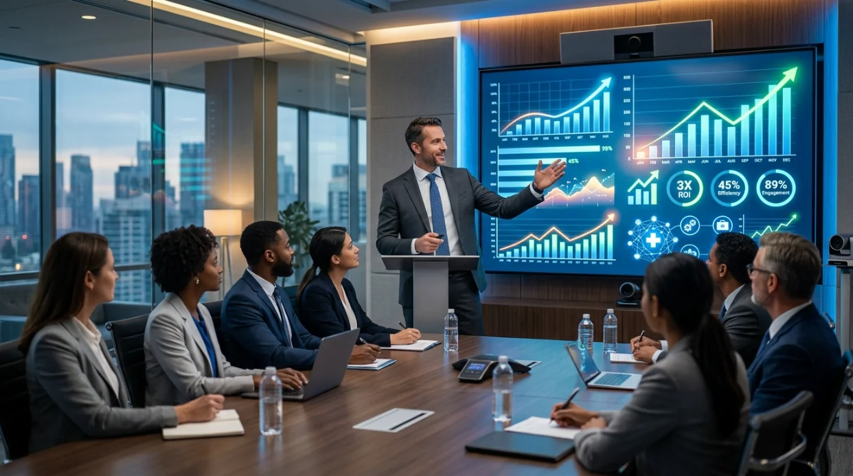 A presenter showing ROI and growth charts to colleagues in a boardroom
